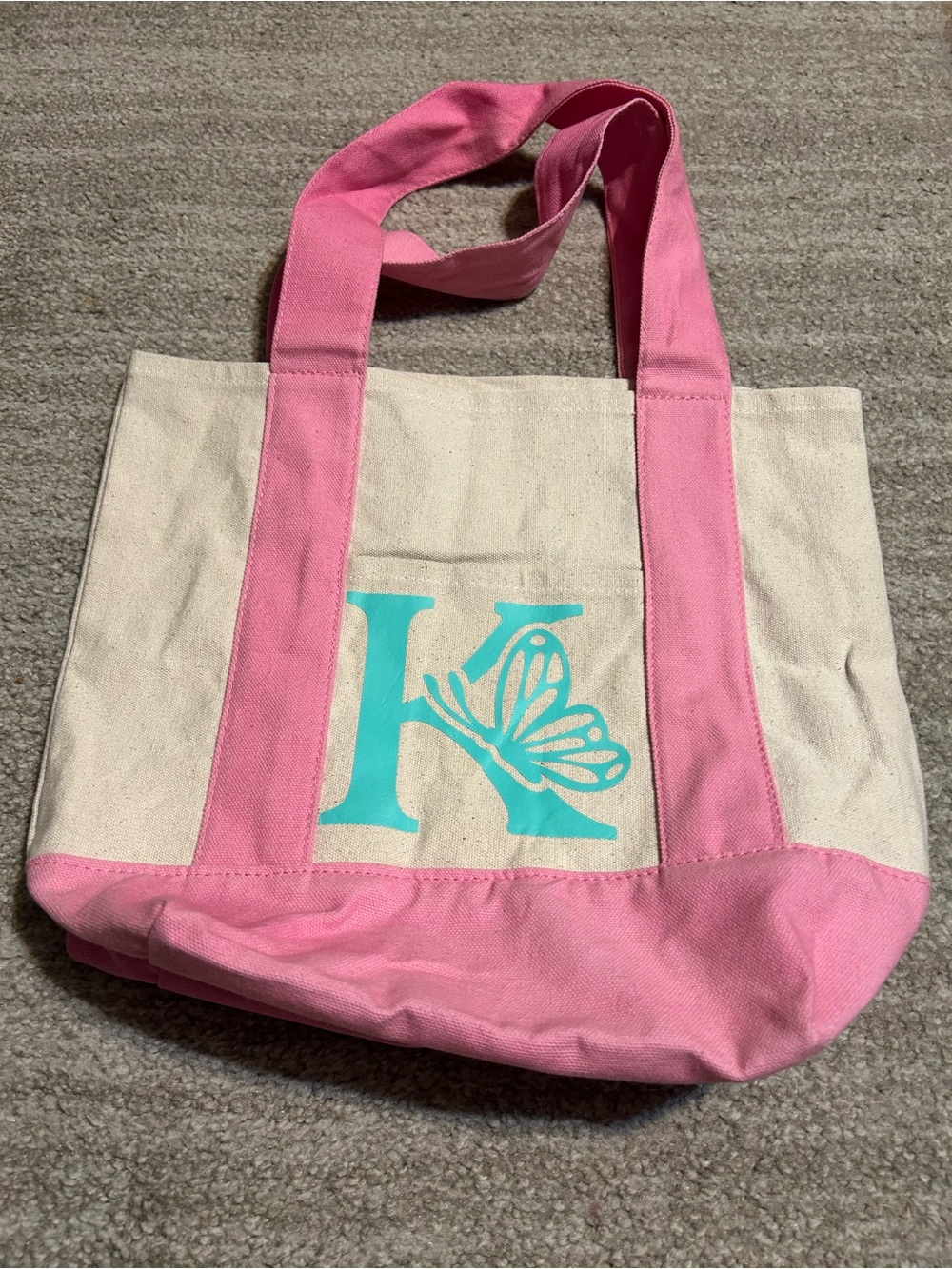Canvas Tote Bag with Pink Trim and Turquoise Monogram